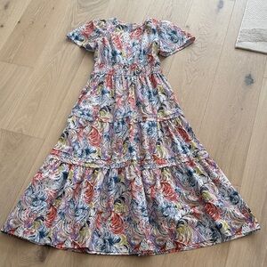 Anthropologie Somerset Dress in Red, Blue, Yellow Swirl feather Pattern